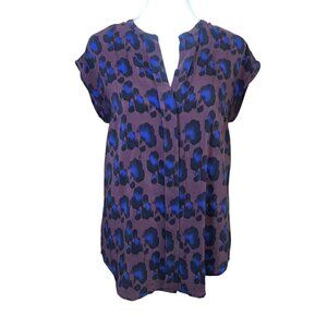 J. Crew Silk Button Up Animal Print Shirt Top Brown Blue Cap Sleeve Women Size 4